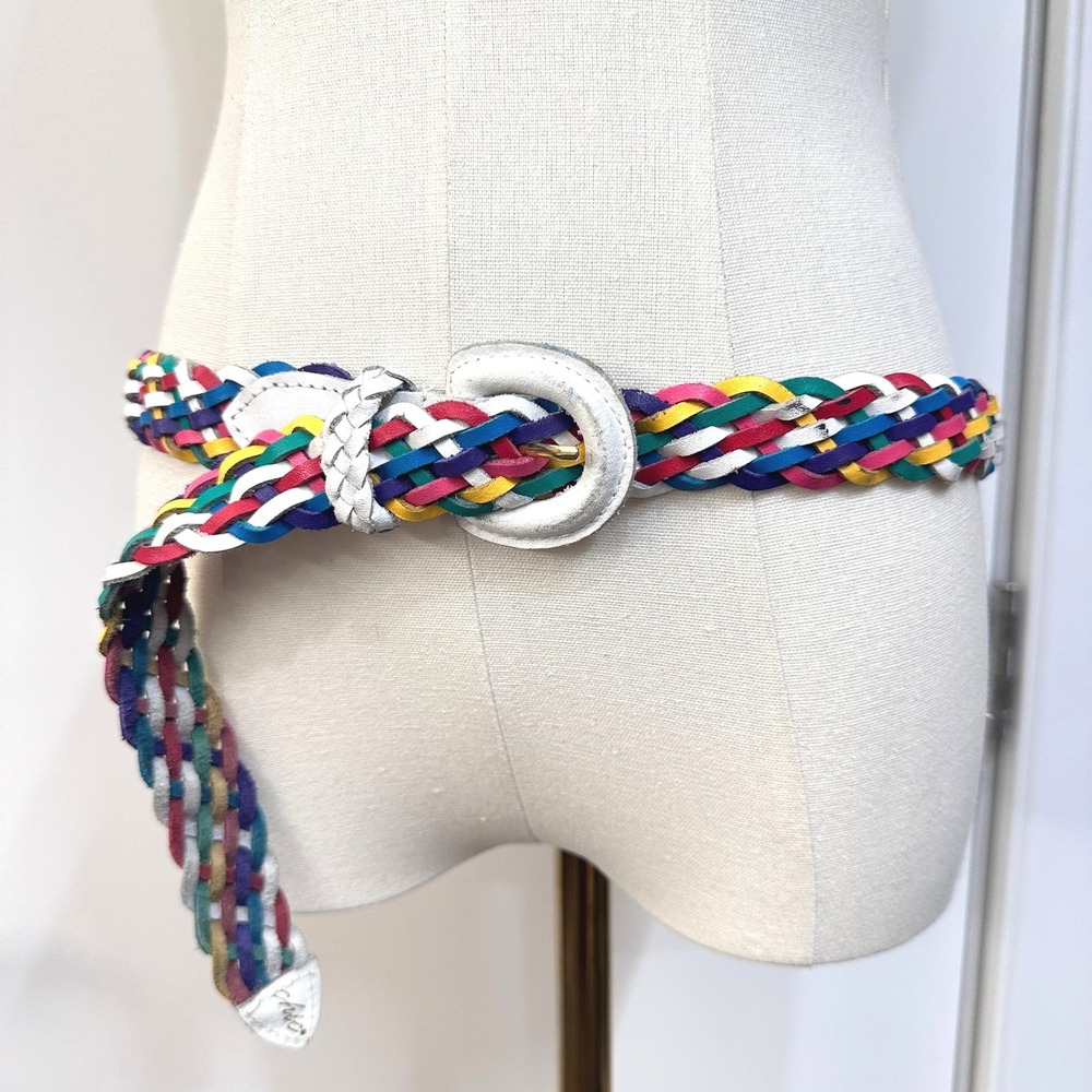 Vintage 80s-90s Chic Multi Color Braided Leather Belt Large White Buckle 44 Inch